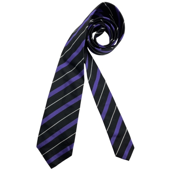 RALPH LAUREN PURPLE LABEL Black/Purple Striped Silk LUXURY Tie HANDMADE ITALY - Picture 1 of 6